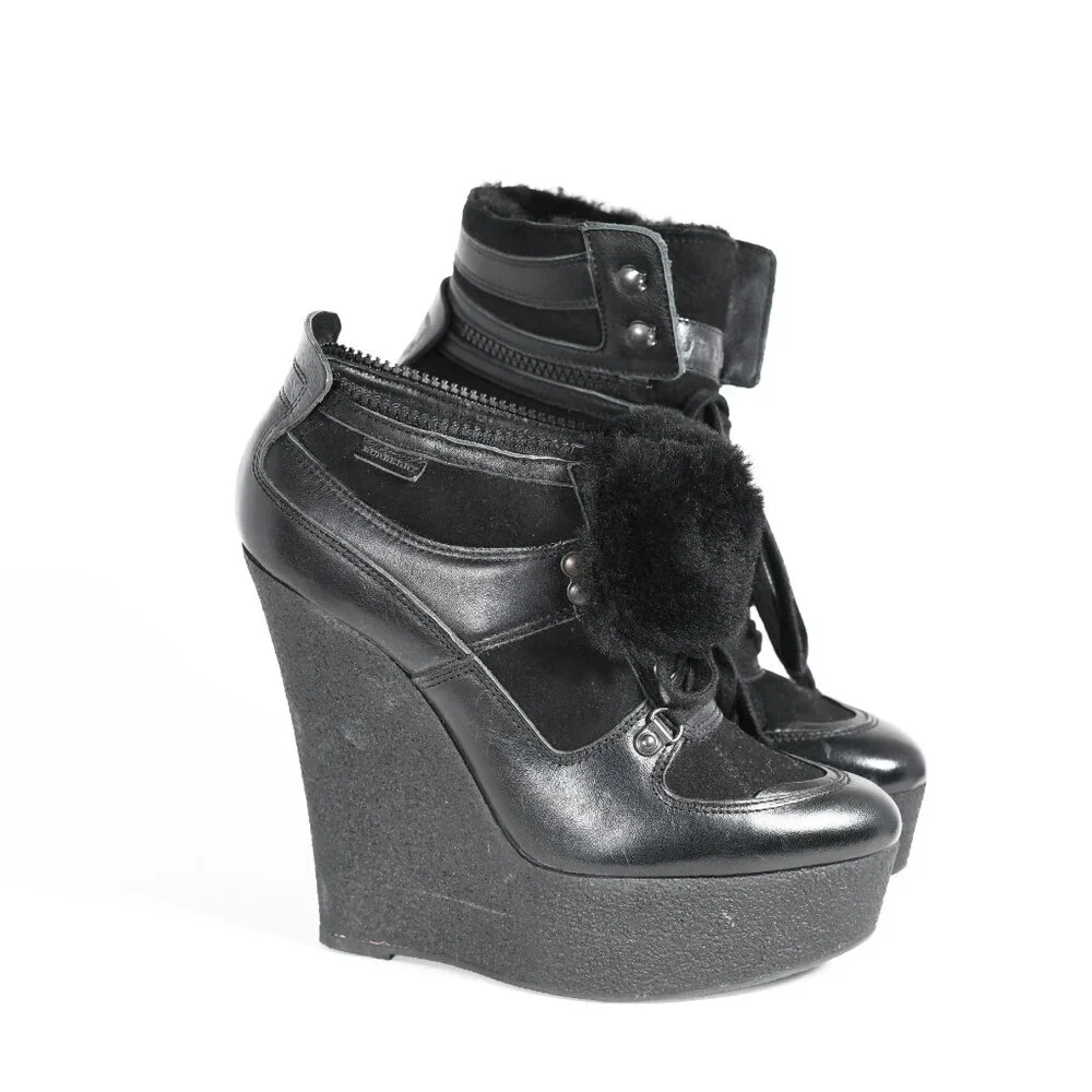 Burberry Black Leather Lace-Up Wedge Boots Women’s Size 38 - Picture 14 of 16